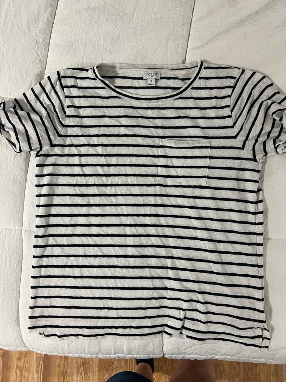 J. Crew White Tee with Black Stripes and Pocket